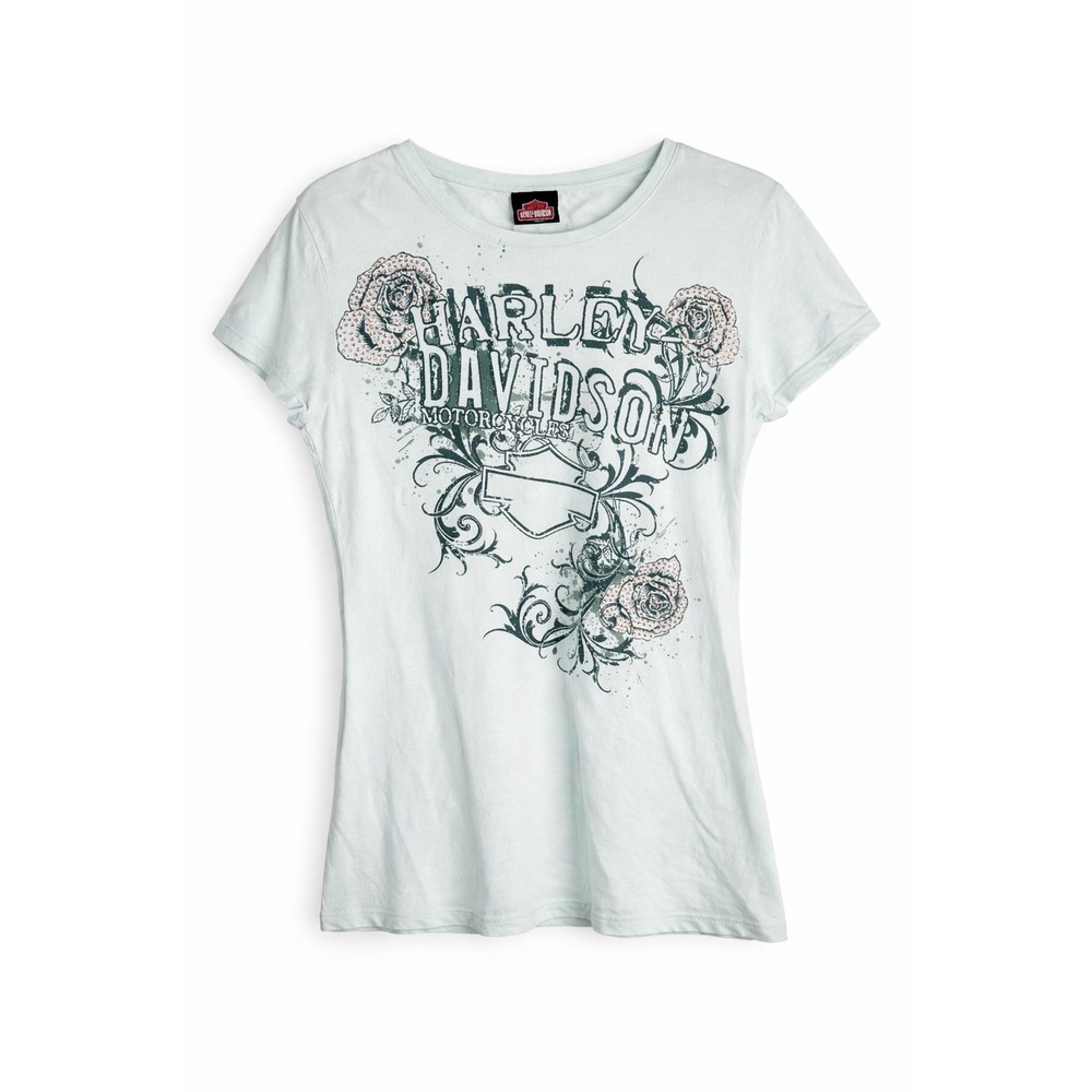 Harley Davidson T-Shirt Women's Large Light Blue Rhinestone Rose Biker